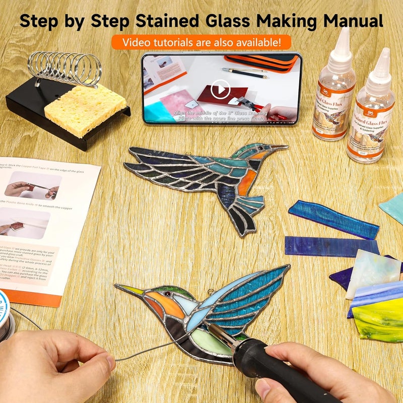 PP OPOUNT Stained Glass Kit for Beginners & Adults, Complete Stained Glass Making Kit with 100W Adjustable Soldering Iron, Glass Cutting Tools, Diamond Cutter Set & Instructions for DIY Glass Crafts - Image 5